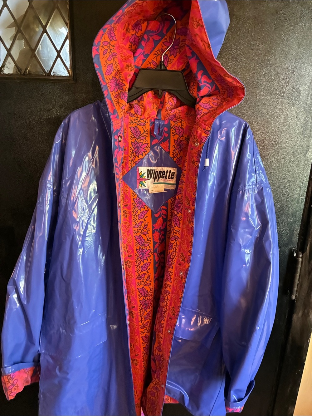 Wippette Vintage 80s Violet Raincoat with Bright Orange Floral Lining and Hood